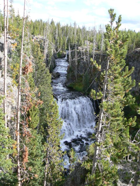 2006 Ford E350 - A scenic view of a waterfall flowing through a forest landscape with rocky cliffs and pine trees.