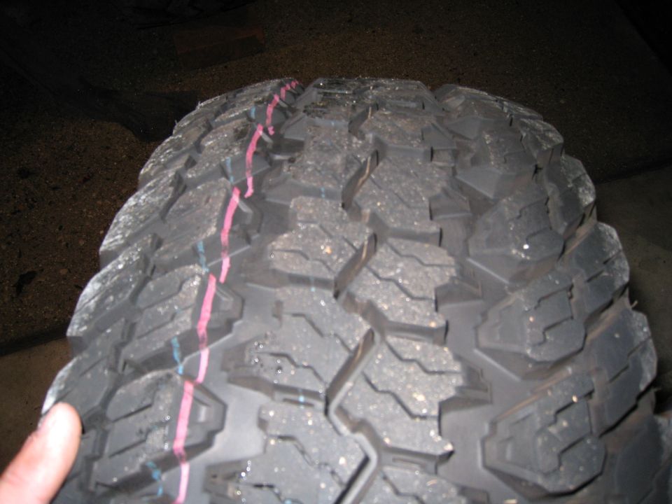 Close-up of a tire tread with pink and blue stripes, showing wear and debris. A finger is visible on the left