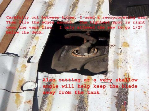 1983 Ford Bronco - I cut between the holes with a reciprocating saw held at a very shallow angle. Again I am use to controlling my cuts, "DANGER DANGER DANGER…