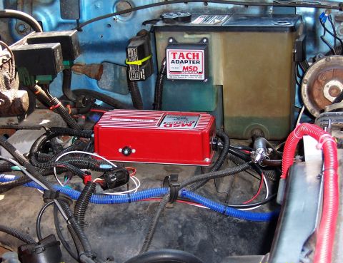 1983 Ford Bronco - Added MSD but left Duraspark II system as backup. Big ugly red harness for fan.