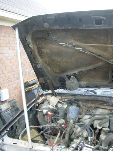 1983 Ford Bronco - The lower rear bolt (13mm) and the one in the door jamb (10mm) are out. With the hood supported, remove the lift-arm bolt (13mm) and finall…