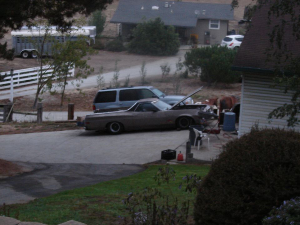 Tan car-based pickup with hood open on rural driveway, SUV and livestock trailer behind
