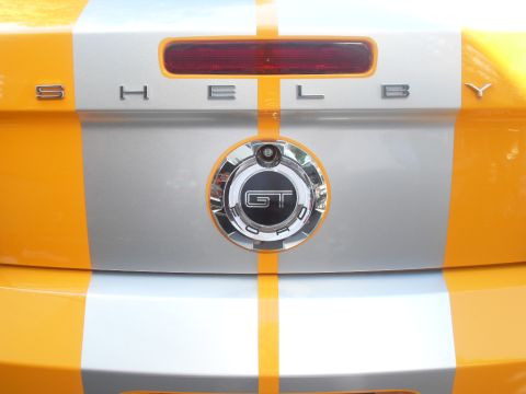 1990 Ford Bronco - The rear of a car displays 'SHELBY' lettering and a 'GT FORD' emblem, accented by prominent orange and silver racing stripes.