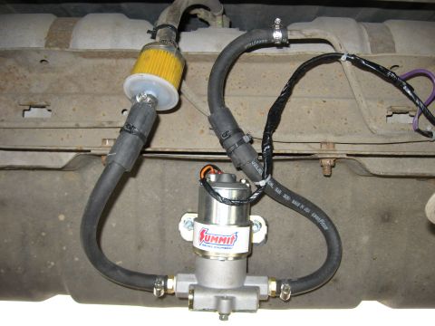 1979 Ford Bronco - Close-up of a Summit fuel pump and filter assembly mounted to a vehicle's undercarriage.