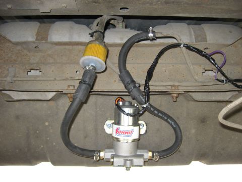 1979 Ford Bronco - Aftermarket fuel pump and filter assembly installed beneath a vehicle.