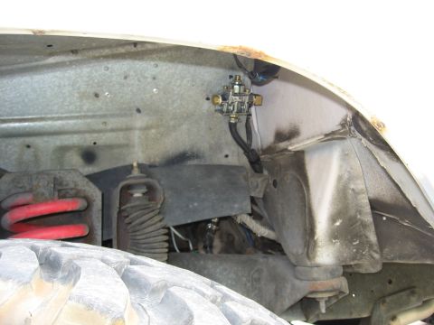 1979 Ford Bronco - This image shows the inner fender well and suspension components of a vehicle, including a fuel filter assembly.
