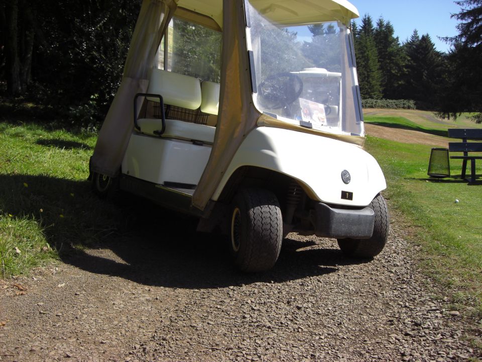 White golf cart with tan canopy on a gravel path.