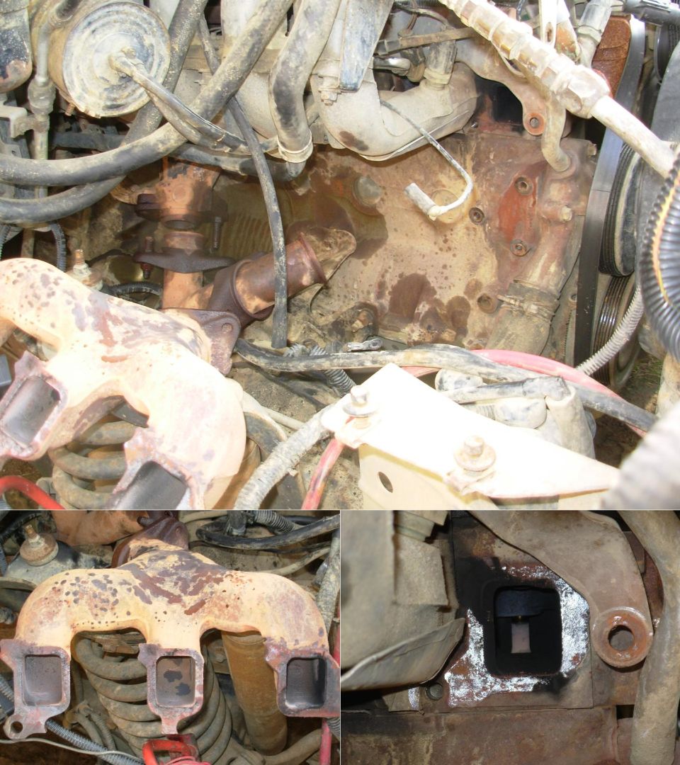 Composite of engine block and rusty exhaust manifold details