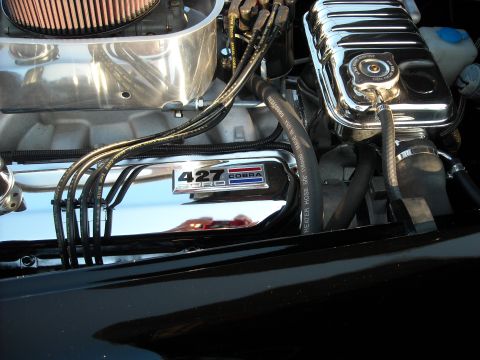 1979 Ford F-150 - Close-up of a Ford 427 Cobra engine, chrome components and spark plug wires.