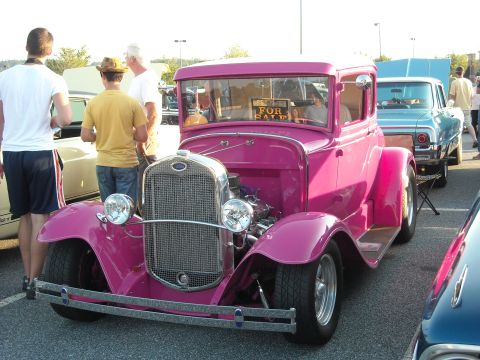 1979 Ford F-150 - Pink hot rod coupe at a car show, with a "FOR SALE" sign in the windshield.