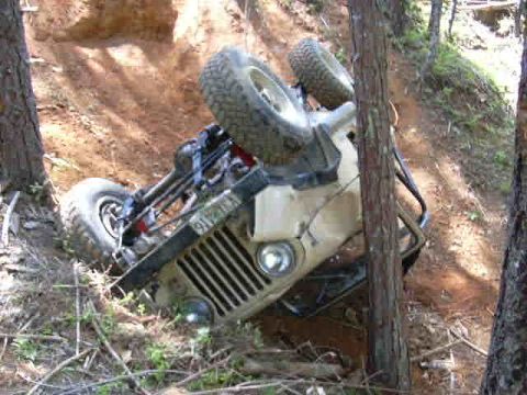 1988 Ford Bronco - This Jeep Wrangler appears to have rolled while off-roading, resting on its side against a tree.