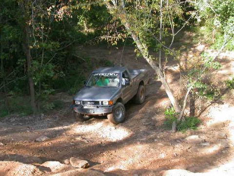 1990 Ford Bronco - An Isuzu pickup truck navigates a wooded dirt trail on a sunny day.