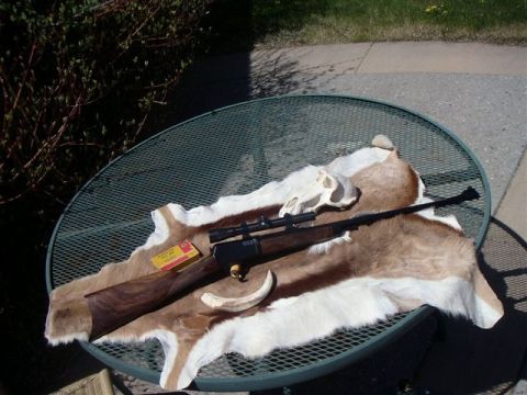 1991 Ford Bronco - A rifle with a scope, a skull, and an animal hide are displayed on a round metal table outdoors.