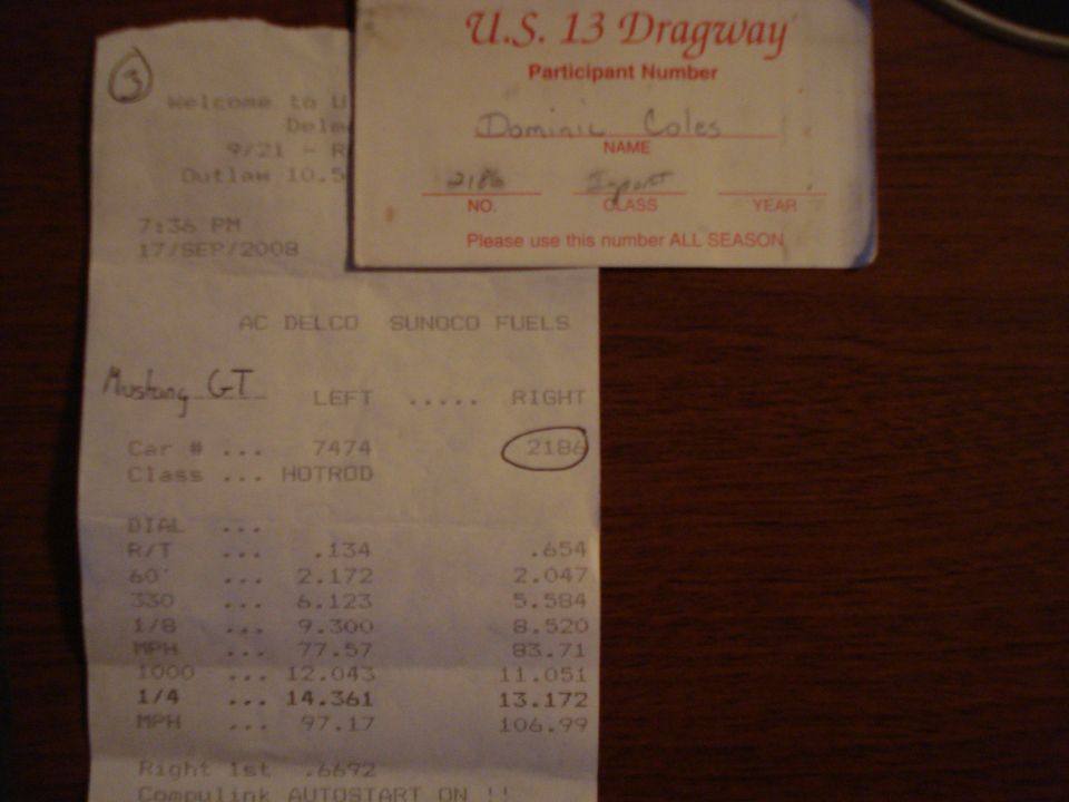 Drag strip time slips and U.S. 13 Dragway participant ticket for Dominic Coles