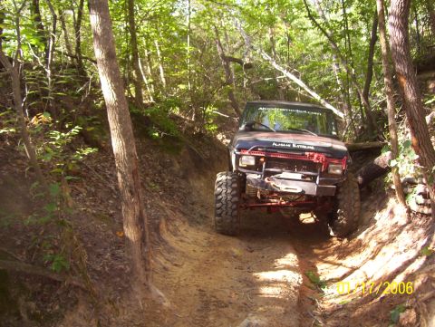 1978 Ford Bronco - An off-road vehicle tackles a challenging dirt path surrounded by dense forest foliage.