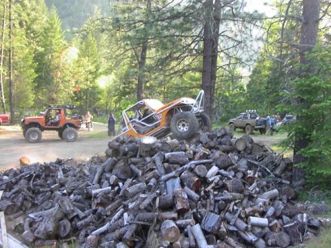 1988 Ford Bronco - An off-road buggy is positioned on a large stack of firewood in a wooded area.