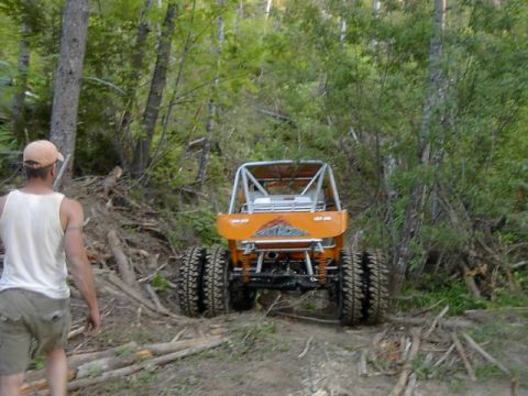 1988 Ford Bronco - An off-road buggy navigates a wooded trail, with a person in the foreground.