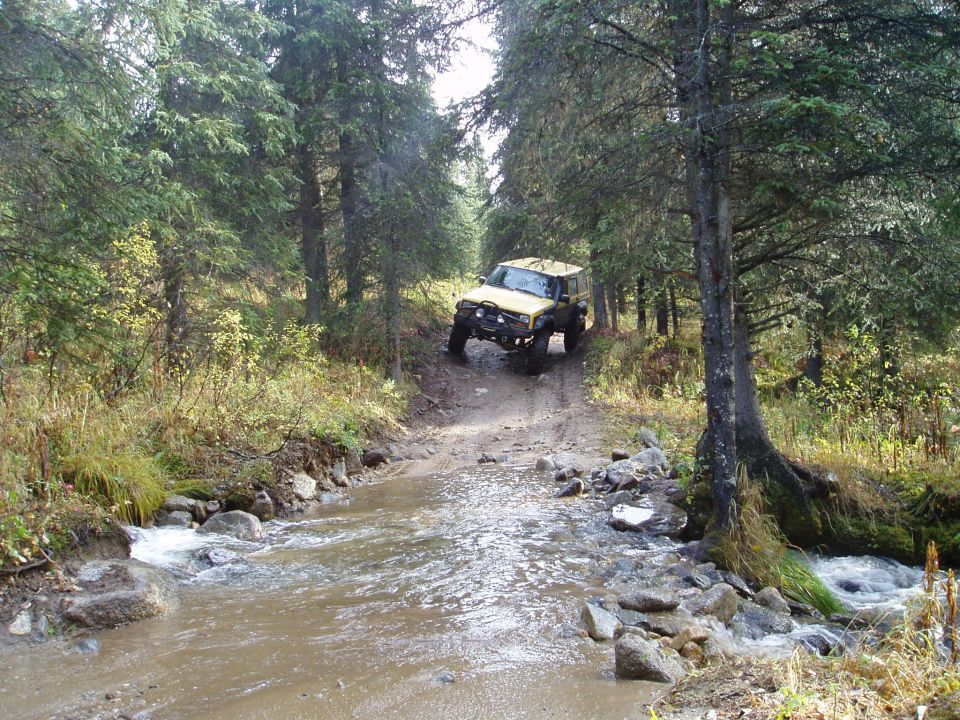 Yellow off-road vehicle with large tires navigates a muddy stream bed on a wooded trail