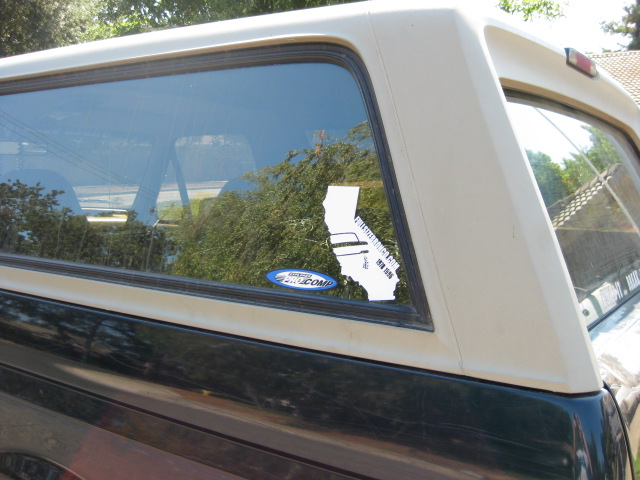 Ford Bronco side view with California map sticker and Ford oval sticker