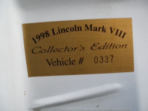 1998 Lincoln Mark VIII - A brass plaque indicates a 1998 Lincoln Mark VIII Collector's Edition, vehicle number 0337.