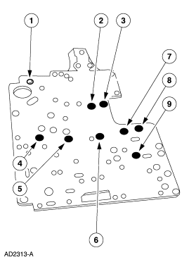 2007 Ford Mustang - Parts illustration of a transmission valve-body separator plate with numbered callouts identifying check-ball and orifice locations.