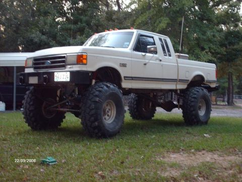 1990 Ford F-150 - This lifted Ford F-150 features oversized tires and a significant suspension lift, giving it a appearance.