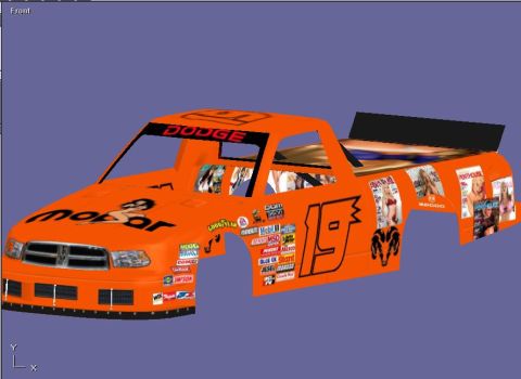 2004 Jeep Wrangler - This is a 3D render of an orange Dodge Ram race truck body with numerous decals and graphics.
