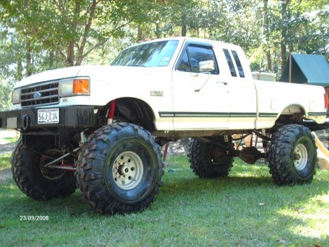 1990 Ford F-150 - This lifted 1990 Ford F-150 features oversized tires and a custom front bumper, its off-road capabilities.