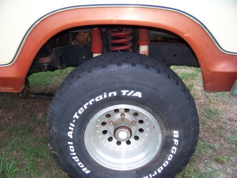 1979 Ford Bronco - The BFGoodrich All-Terrain T/A tire is mounted on a polished aluminum wheel, with red shocks visible behind the fender.