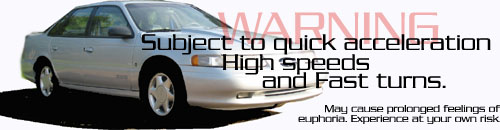 Silver sedan side view in a graphic with red WARNING text about quick acceleration and high speeds