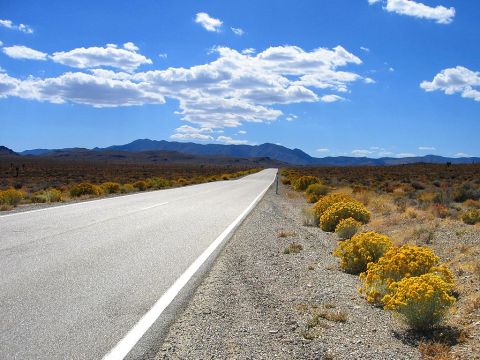 1995 Ford Bronco - A lonely road cuts through a dry, arid landscape under a bright blue sky with scattered clouds.