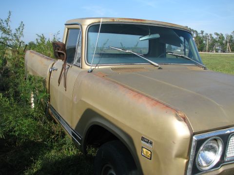 1971 International Travelall - Front quarter view of a 1971 International pickup truck with gold paint, showing the hood and fender.