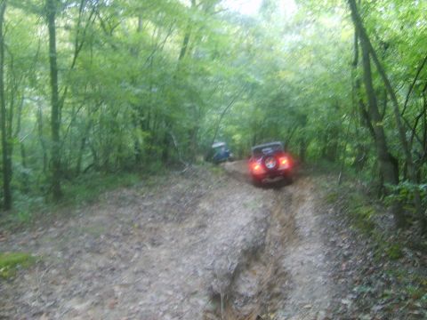 1994 Ford Bronco - Two off-road vehicles navigate a muddy trail in a forest setting.