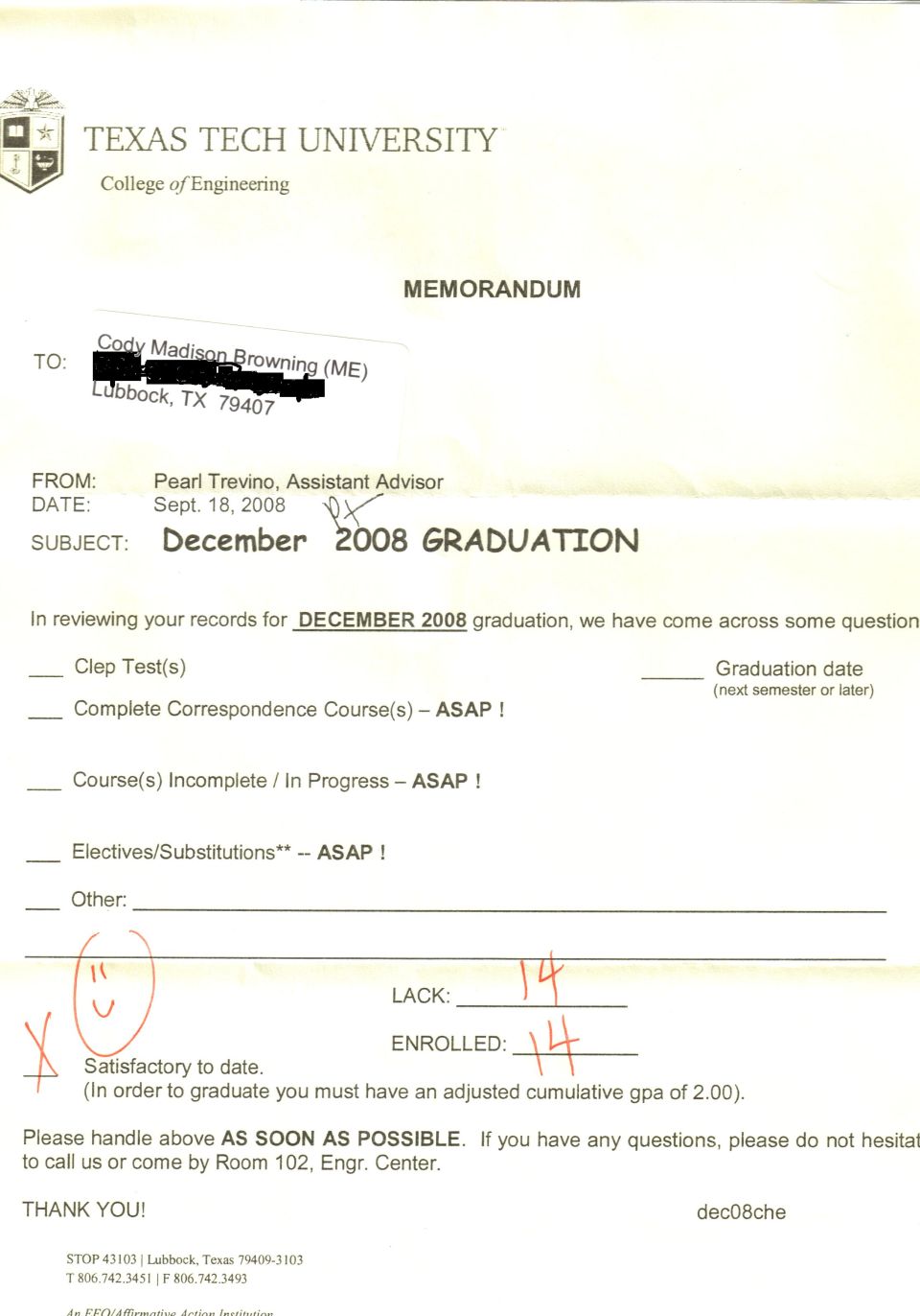 Texas Tech University graduation status memorandum letter
