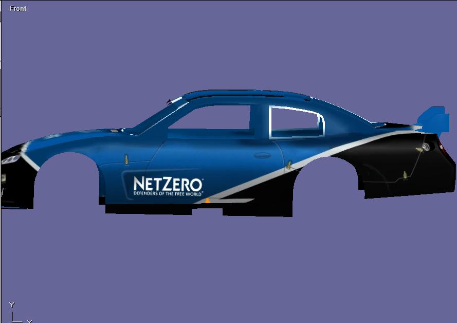 Blue and black car body with white stripe and "NETZERO" text, side view