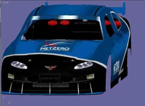 2004 Jeep Wrangler - This digital rendering shows the front of a blue and black race car NetZero sponsorship and Corvette badging.