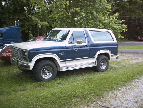 1986 Ford Bronco - A blue and white Ford Bronco is parked on a grassy area next to a blue semi-truck and a red car.