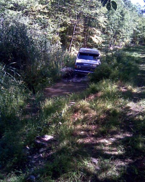 1989 Ford Bronco - A van navigates a water obstacle in a wooded area.
