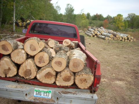 2000 Chevrolet Tahoe - A red pickup truck carries a load of cut logs, with more logs stacked in the background.