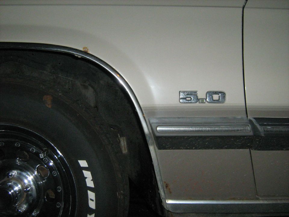Close-up of a car's fender showing a '5.0' emblem and part of a tire with 'Indy' written on it
