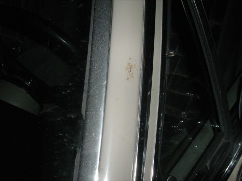 1988 Mercury Grand Marquis - A small rust spot is visible on the white trim of a car door, next to chrome accents.