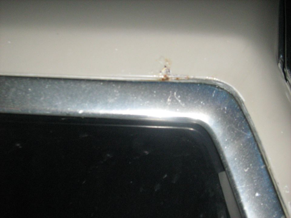 Close-up of a light-colored car body panel showing a small patch of rust near a chrome trim piece
