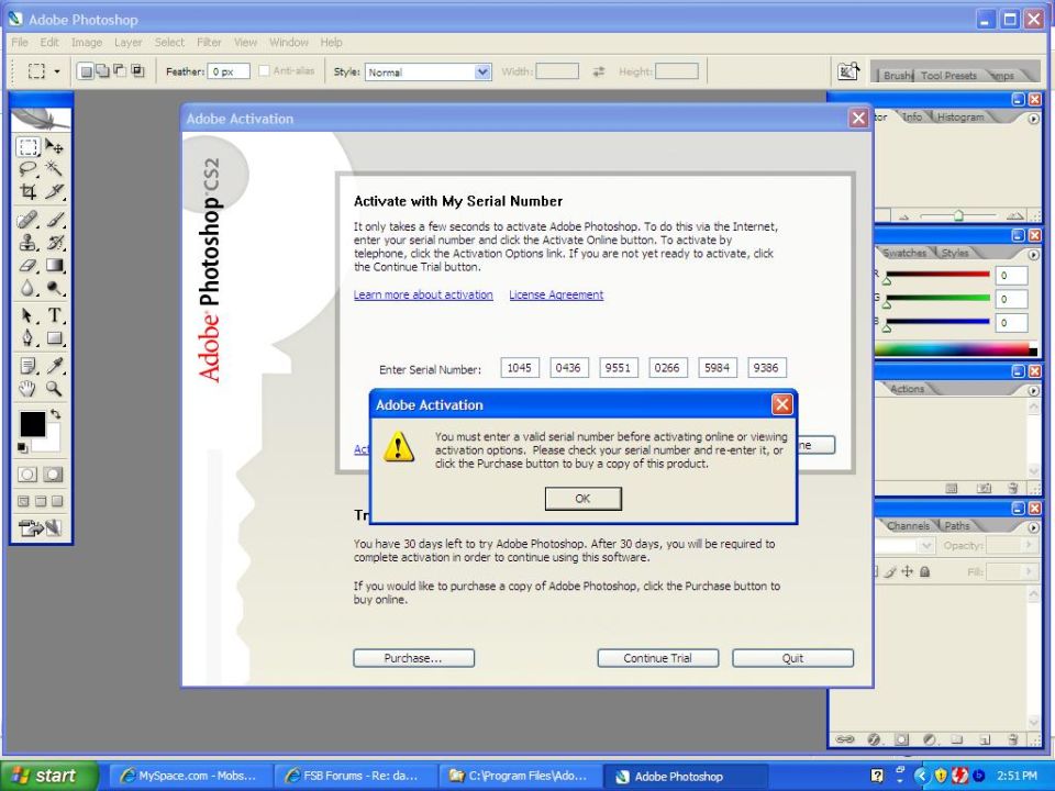 Screenshot of Adobe Photoshop CS2 activation dialog box with an invalid serial number message.