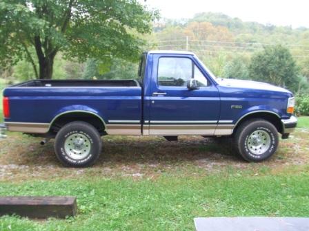 1996 Ford Bronco - A blue 1990s Ford F-150 pickup truck is parked on a grassy area with trees in the background. The truck has a tan lower body stripe and chr…