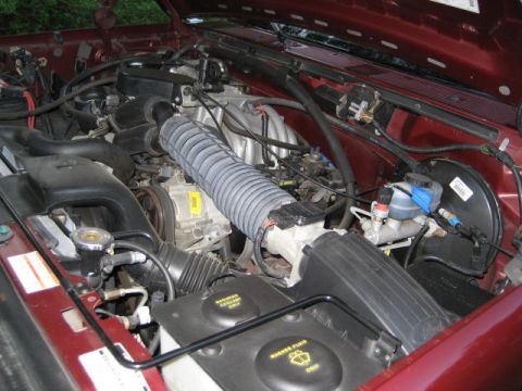 1996 Ford Bronco - Engine bay of a 1996 Ford Bronco, showing the V8 engine and associated components.