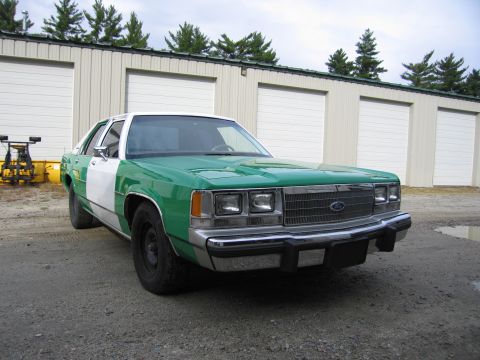 1991 Ford LTD Crown Victoria - green and white full-size Ford sedan with stacked rectangular headlights and a Ford grille badge sits front-on by storage units.