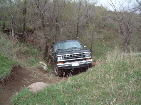 1984 Ford Bronco II - A black SUV navigates a grassy, wooded trail with a rocky embankment.