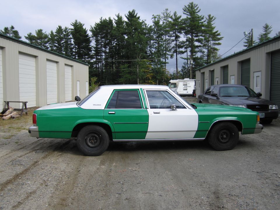 Driver-side profile of a green and white Ford sedan parked on gravel