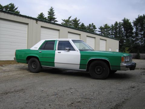 1991 Ford LTD Crown Victoria - green and white full-size Ford sedan shown from the front passenger three-quarter angle, parked on gravel near storage units.