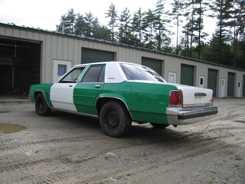 1991 Ford LTD Crown Victoria - Rear three-quarter driver-side view of a green-and-white full-size Ford sedan parked on a muddy gravel lot before a row of garage doors.